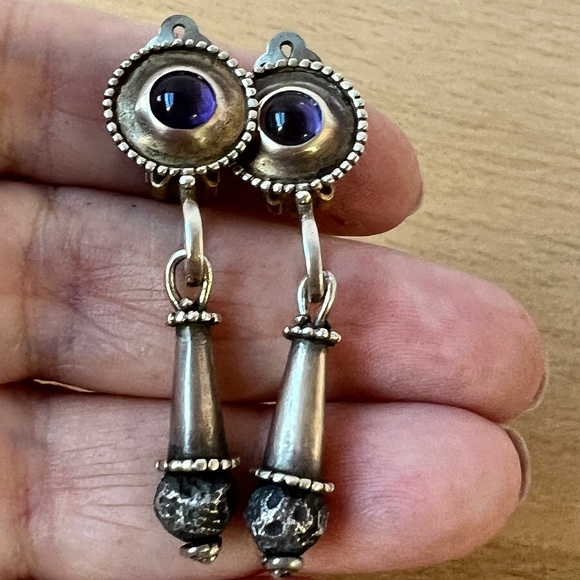 VINTAGE MMA METROPOLITAN MUSEUM 1993 AMETHYST CABOCHON DROP DANGLE EARRINGS 925S - Picture 6 of 16